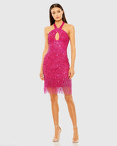 Pink Cross Front Keyhole Top Beaded Fringe Mini Dress - FINAL SALE