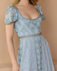 Blue Short Sleeve Scoop Neck Embellished Gown