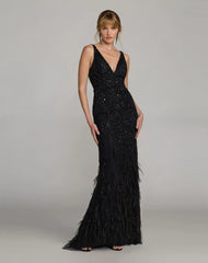Black Embellished V-Neck Gown With Feather Hem