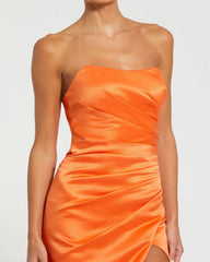 Orange Strapless Satin Gown With Slit