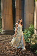 Multicolor One Shoulder Brocade Floral Gown With Bow