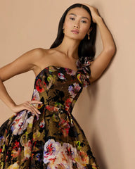 Multicolor One Shoulder Floral Velvet Ball Gown