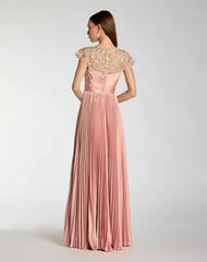 Pink Pleated Charmeuse Embellished Cap Sleeve Gown