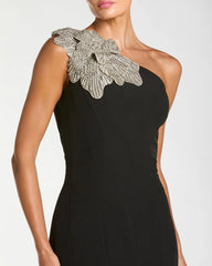Black Crepe One Shoulder Midi Dress With Flower