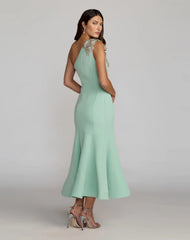 Green Crepe One Shoulder Midi Dress With Flower