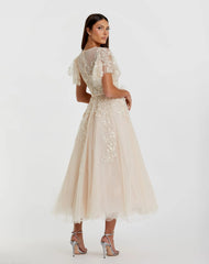 Beige Embellished Flutter Sleeve Bow Waist A Line Dress - FINAL SALE
