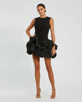 Black Sleeveless Crepe Bubble Skirt Mini Dress