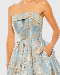 Light Blue Strapless Brocade Midi Dress With Pockets