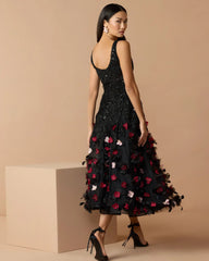Black Sleeveless Beaded Midi Dress With 3D Flowers