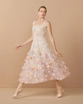 Pink Sleeveless Beaded Midi Dress With 3D Flowers