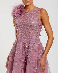 Purple High Neck Embellished Midi Dress with 3D Flower