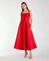Red Satin Sleeveless A Line Midi Dress With Bow