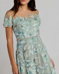 Green High Neck Cap Sleeve Embellished A-Line Gown