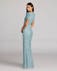 Blue Sequin Trumpet Gown with Puff Sleeves