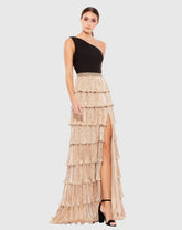 Black and Gold One-Shoulder Ruffle Tiered A-Line Gown