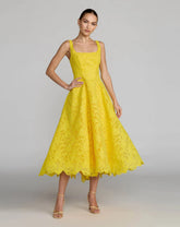 Yellow Lace Square Neck A-Line Midi Dress