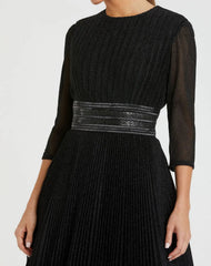 Black Shimmering Pleated 3/4 Sleeve Ball Gown