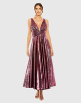 Pink Sleeveless V Neck Pleated Top Metallic Dress