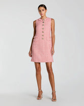 Pink Boucle Sleeveless Mini Dress with Gold Buttons