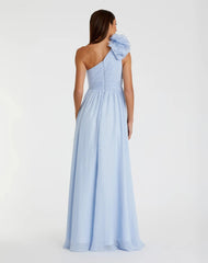 Blue One Shoulder Polka Dot Chiffon Gown With Ruffle Detail