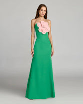 Green Strapless Crepe Gown With 3D Flower