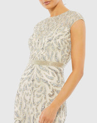 White and Silver Embellished High Neck Cap Sleeve Gown