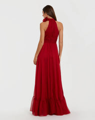 Red Halter Neck Chiffon Gown With 3D Flower