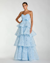 Blue Strapless Floral Organza Tiered Gown with Bow