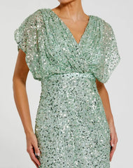 Green Sequin Draped Sleeve V-Neck Gown