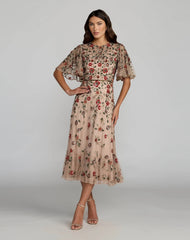 Beige Floral Embellished Flutter Sleeve Midi Dress
