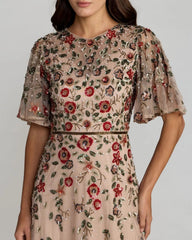 Beige Floral Embellished Flutter Sleeve Midi Dress