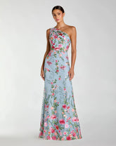 Blue One Shoulder Floral Embroidered Gown