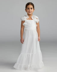 Girls White Chiffon Ruffle Shoulder Long Dress