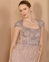 Pink Embellished Cap Sleeve Feather Gown