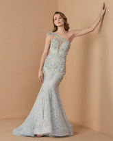 Blue Embellished Lace One Shoulder Gown With Feather Detail