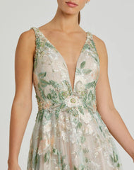 Multicolor Floral Embroidered Illusion V-Neck Gown