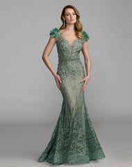 Green Embellished Lace Illusion Neck Gown With 3D Flowers