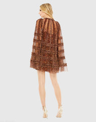 Brown Floral Print Long Flare Sleeve Mesh A-Line Dress - FINAL SALE