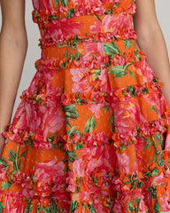 Orange Floral Square Neck Ruffled Cotton Mini Dress