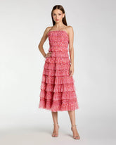 Pink Floral Strapless Ruffle Midi Dress