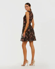 Black Multicolor Micro Ruffle Floral A-Line Mini Dress