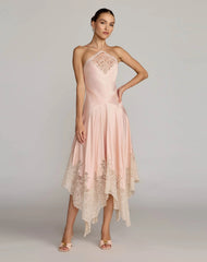 Light Pink Lace Trim Handkerchief Midi Dress