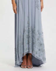 Blue High Neck Floral Embellished Trapeze Gown