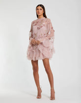 Pink Embellished Long Sleeve Trapeze Dress with Ruffle Hem