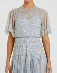 Blue Flutter Sleeve Beaded Tea Length Drop Waist Dress - FINAL SALE