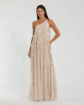 Beige One Shoulder Floral Embellished Trapeze Gown