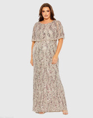 Beige High Neck Column Gown with Cape (Plus) - FINAL SALE