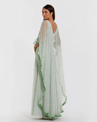 Green Beaded Cape Sleeve Gown With Ruffle Trim