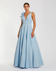 Petite Light Blue Sleeveless Plunge Neck Ball Gown With Bow Detail