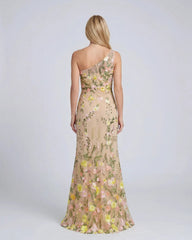 Petite Beige One Shoulder Lace Embroidered Gown